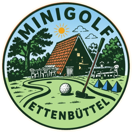 Logo Minigolf Ettenbüttel: Spitzdachhütte, Golfball und Schläger im runden Bierdeckel-Stil